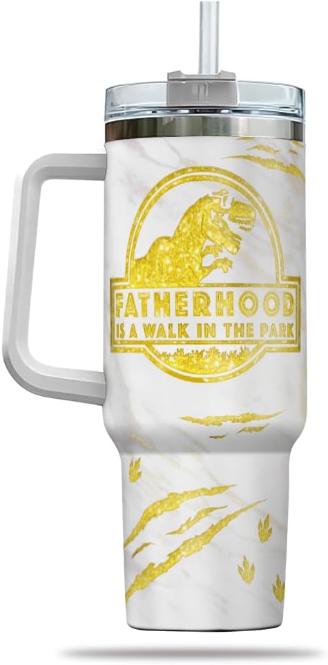 Personalized Dinosaur Dad Tumbler with Handle and Straw, Cute Custom Names and Baby Dino Design, Funny Father’s Day Gift for Dad or Papa from Kids - Bloomnest