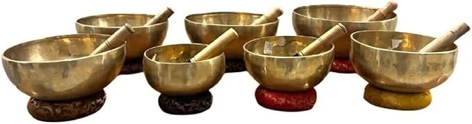 7 Chakra Singing Bowl Set – Tibetan Singing Bowl Set of 7 – Handcrafted Healing Bowls (5"–10") – Chakra Symbols with Lotus Flower Carving – Meditation & Sound Therapy Bloomnest