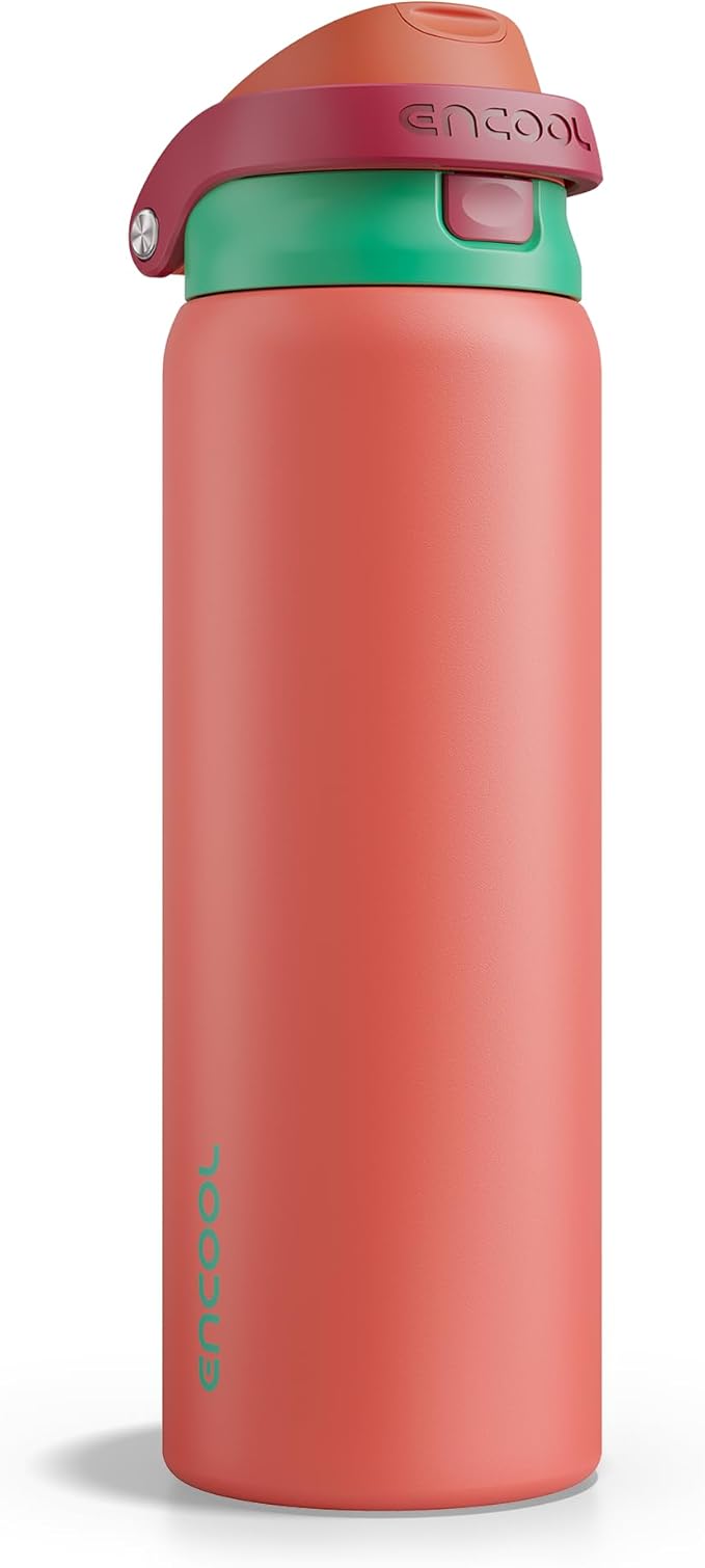ENCOOL Leakproof Insulated Water Bottle with Straw Dual-Sip Water Bottle Bag-Safe Design for Work, Commute & Gym – Keeps Drinks Cold All Day, 32 oz, Coral Red ENCOOL