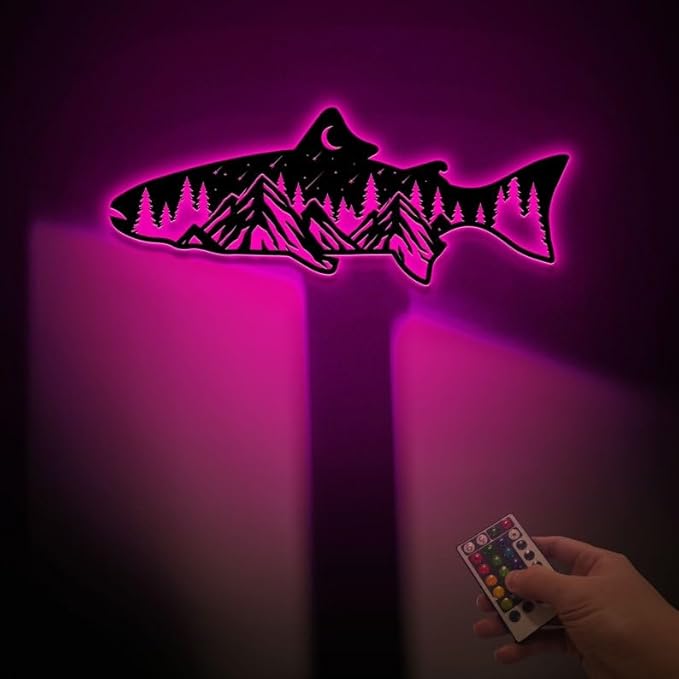 Personalized Neon Sign, Bass Fish Mountain Metal Wall Art Led Light, Fishing Gifts for Men, Gift for Dad, Fish and Trees Sign, Cabin Lodge Decor, Fisherman Gift - Bloomnest