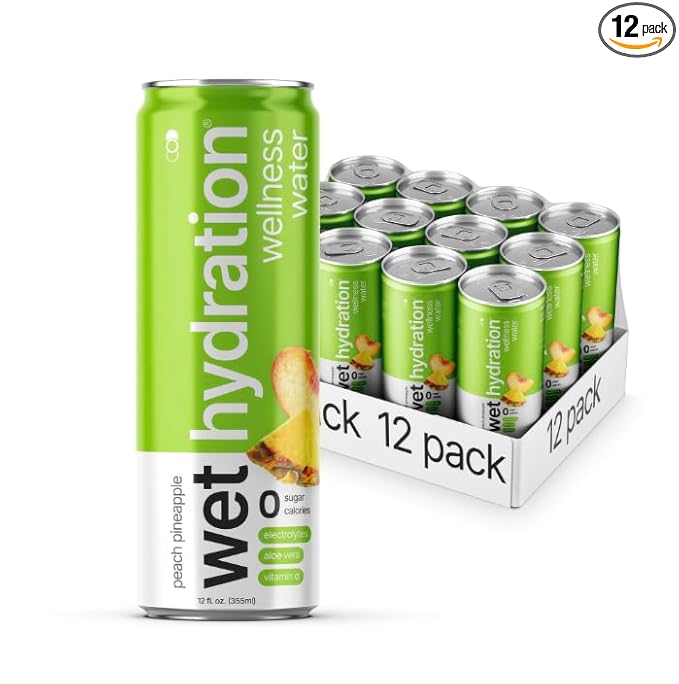 Wet Hydration | Functional Wellness Water, Non-Carbonated - Peach Pineapple (12 Ounce Cans, Pack of 12) - Flavored Water, Hydration Drink, No Sugar, No Artificial Ingredients, Zero Calories (Packaging May Vary) - Bloomnest