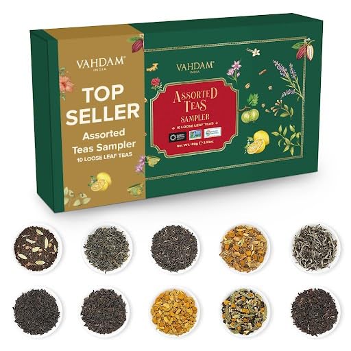 VAHDAM, Assorted Loose Leaf Tea Gift Set (10 Flavors, 100 gm) Gift Ideas for Women & Men | Herbal Tea, Green Tea, Chai Tea & Black Tea Sampler| Non-GMO, Gluten Free | Gifts for Him/Her - Bloomnest