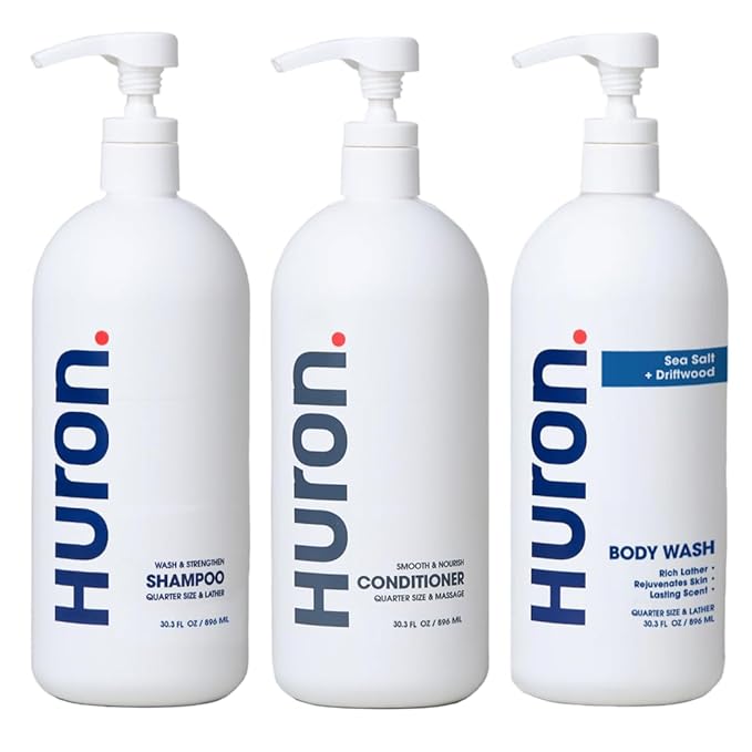 Huron Jumbo Shower Kit - Shampoo, Conditioner, & Body Wash For Men - Sea Salt + Driftwood Scent - Hydrating & Nourishing Men’s Shampoo & Conditioner (30.3 Oz Each) - Bloomnest