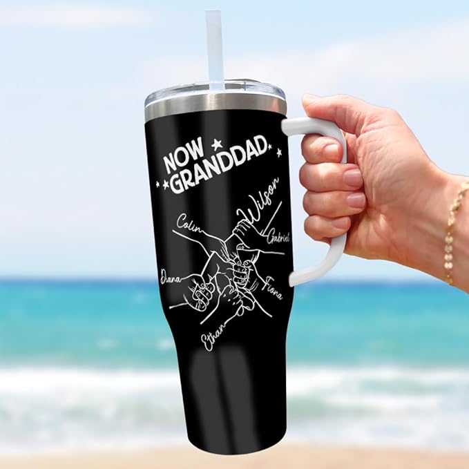 First Dad Now Granddad 40oz Tumbler with Handle and Straw, Personalized Mug with Hand Holding Design and Custom Names, Gift for Grandpa from Kids and Grandkids for Father’s Day or Birthday - Bloomnest
