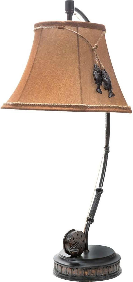 BLACK FOREST DECOR - Fishing Reel Table Lamp with Faux Moleskin Shade - Perfect Cabin & Lodge Decor - 28" x 15" x 13" - Bloomnest