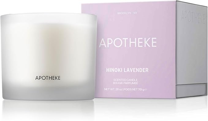 Apotheke 3-Wick Scented Candles for Home, Hinoki Lavender - 26 oz Soy Wax Jar Candle Gift for Women - Long-Lasting Fragrance with Perfume-Grade Essential Oils - Lavender, Lotus Flower, Hinoki Cypress - Bloomnest