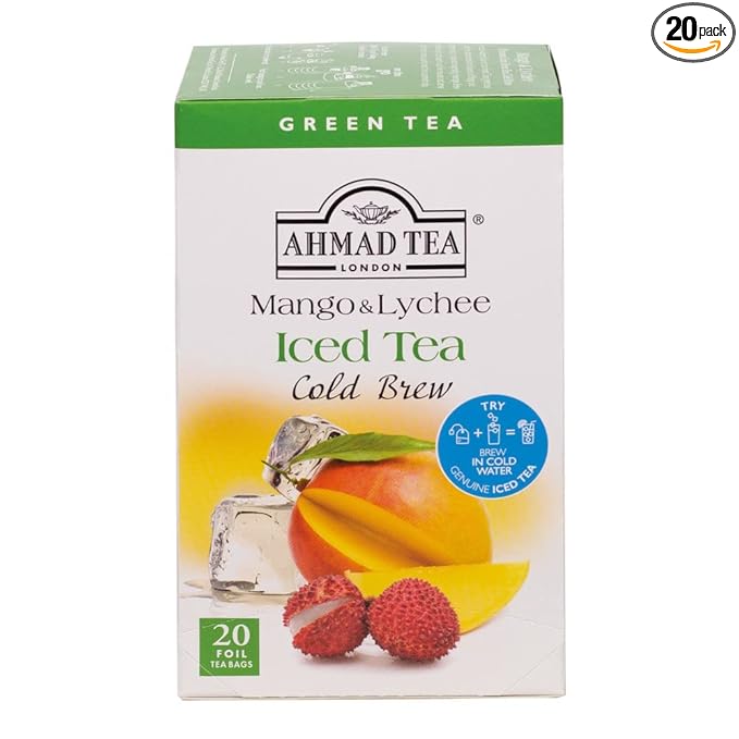 Ahmad Tea Green Tea, Cold Brew Mango and Lychee Teabags, Iced Tea, 20 ct (Pack of 1) - Caffeinated and Sugar-Free - Bloomnest