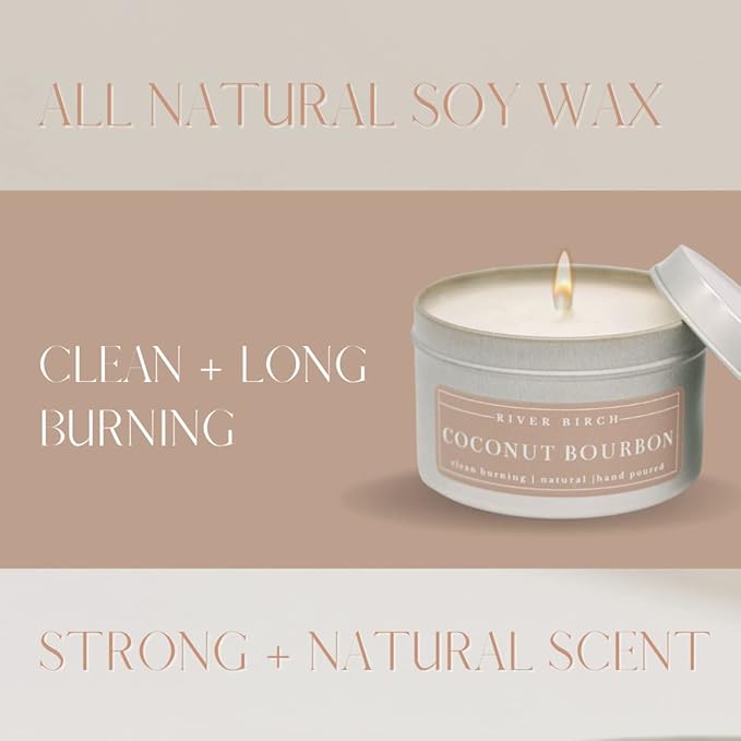 River Birch Premium All-Natural, Non-Toxic Soy Candle | 8 oz. Silver Tin Travel Candle | Cozy Relaxing Coconut Bourbon Scented Gifts for Home - Bloomnest