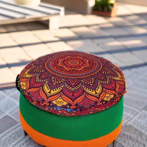 INDIAN CRAFT CASTLE New Orange Ombre 24" Mandala Barmeri Large Floor Pillow Cover Cushion Meditation Seating Ottoman Throw Cover Hippie Decorative Zipped Bohemian Pouf Ottoman Pom Pom Cases 24" Round - Bloomnest