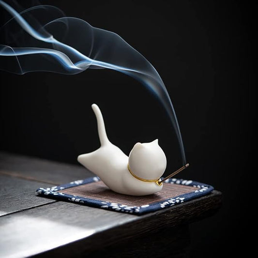 Cat Incense Stick Holder with A Mat and 1 box Incense Stick Cute Ceramic Incense Burner for Stick Incense Ash Catcher for Home,Office,Yoga Meditation Stress Relief Gift for Cat Lovers (White Cute Cat) - Bloomnest