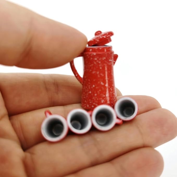 LOGOFUN 5pcs Dollhouse Miniature Tea Cup Set Tiny Tea Party Set Simulation Teapot Set (Red)