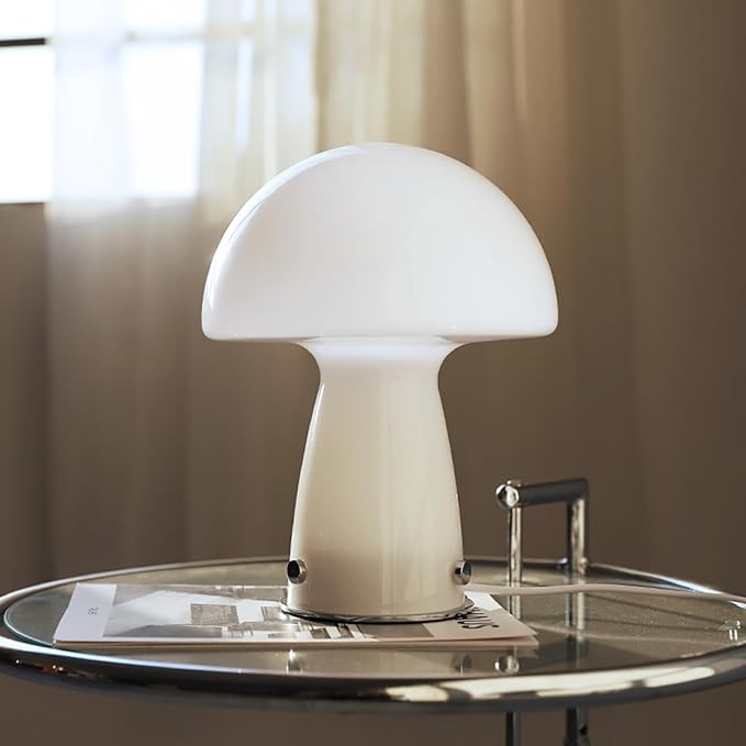 White Small Mushroom Table Lamp,3-Color Temperature Glass Desk Light,Bauhaus Decorative Nightstand Lamp,Vintage Style Table Light for Living Room Office - Bloomnest