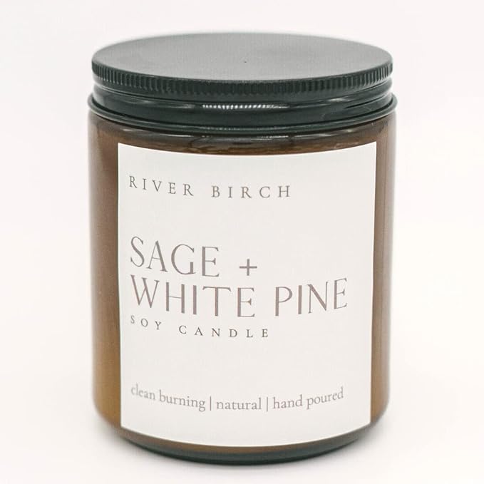 River Birch Candles Sage + White Pine Scented Candle | Premium, All-Natural, Non-Toxic, Soy Amber Jar Candles | 8.5oz 40 Hr Burn Time | Cozy Relaxing Gifts for Home - Bloomnest