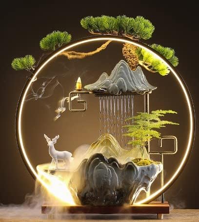 Tabletop Water Fountain, Indoor Waterfall with Round LED Light & Ceramic Elks, Mist Maker and Incense Holder for Home Office Decor - Bloomnest