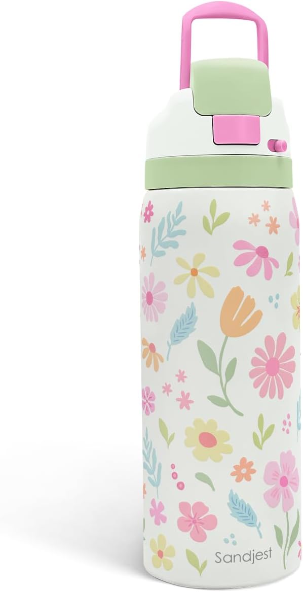 Floral Stainless Steel Water Bottle, Vacuum Insulated, Push-Button Lid, 32 oz, Gifts for Women Girls Friends Teens Birthday Christmas SANDJEST