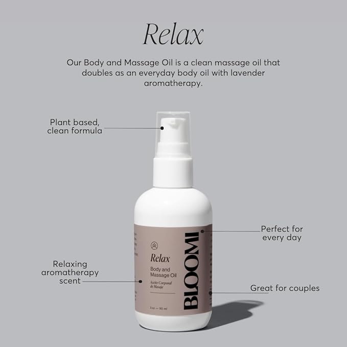 Bloomi Relax Body & Massage Oil, 3oz - Calming Lavender Oil for Relaxation, Stress Relief, Skin Hydration & Moisturizing Therapy, Ideal for Self Care (1) - Bloomnest
