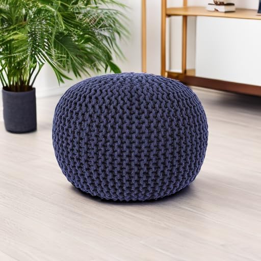 REDEARTH · Round Pouf Foot Stool Bean Bag Ottoman - Cable Knitted Cord Boho Pouffe - Poof Accent Bean Bag - Handmade by Artisans for Living Room - Bedroom (19.5"x19.5"x14") - Navy Blue - Bloomnest