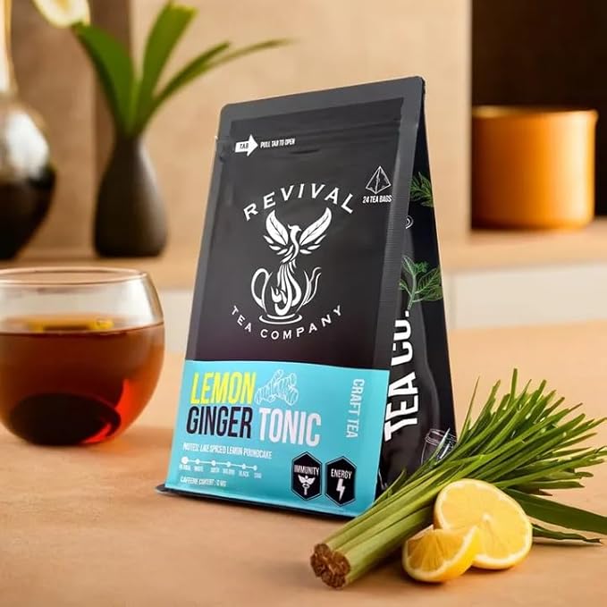 Revival Tea Company Lemon Ginger Tonic - Caffeine Free Herbal Tea Blend with Lemongrass and Ginger - 24 Tea Bags - Bloomnest
