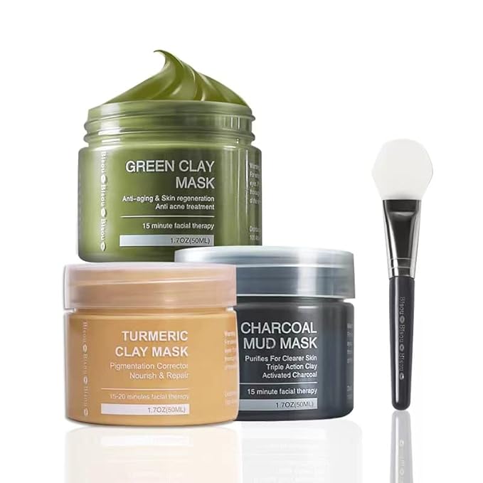 Turmeric Clay, Dead Sea Mud & Charcoal Gel Face Mask Trio With Applicator, Deep cleansing Clay and Mask Applicator, Facial Therapy PH Balanced Hypo-allergenic (3 Sets Mud Mask) - Bloomnest
