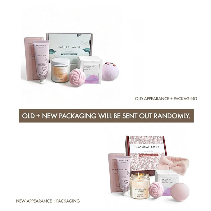 Natural Amor Relaxation Spa Gift Set for Women, 5 Piece Bath & Body Box with Candle, Hand Cream, Bath Bombs & Headband, Self Care Gift for Her - Bloomnest