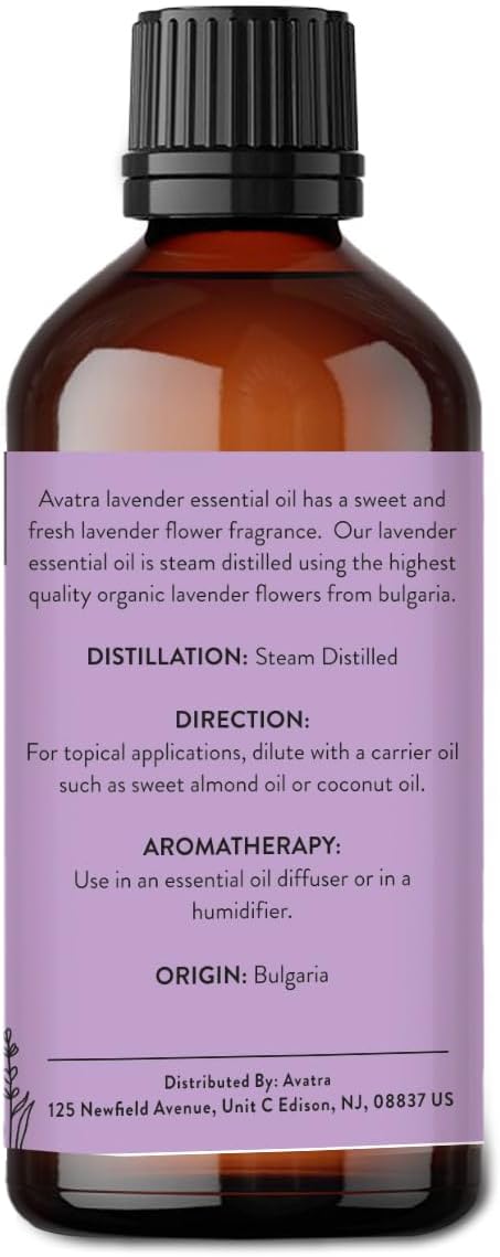 Avatra Lavender Essential Oil 100ML (3.38 OZ) with Glass Dropper and Travel Bottle, Pure and Natural Therapeutic Grade Lavender Oil for Diffuser, Aromatherapy, Massage, and DIY Candle Products - Bloomnest