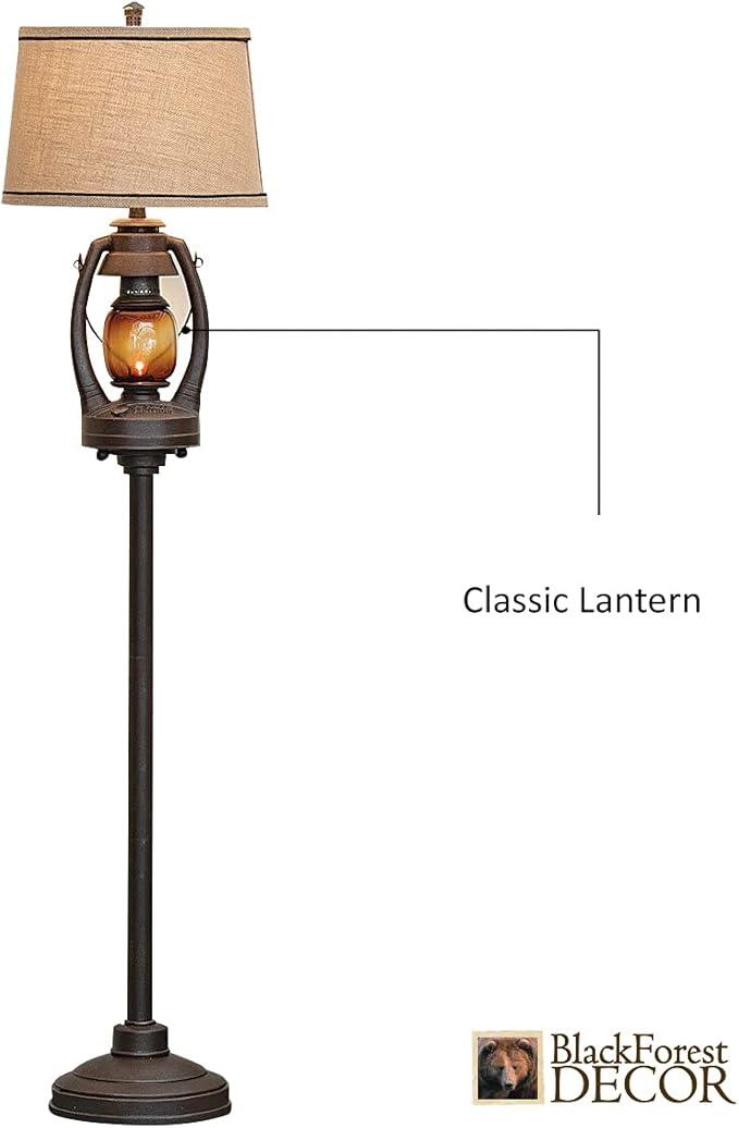 BLACK FOREST DECOR Vintage Lantern Floor Lamp with Burlap Shade - Rustic Lodge Standing Lamp - Bloomnest