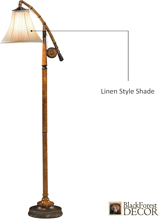BLACK FOREST DECOR - Fishing Pole Floor Lamp with Linen Shade, Cast Resin Construction - Vintage Lakeside Style - 19" W x 63" H - Bloomnest