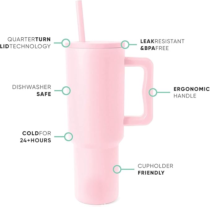 Outdoor Tumbler, 40 oz, Double-Wall Insulated, Ergonomic Handle with Lid Straw (Pink) - Bloomnest