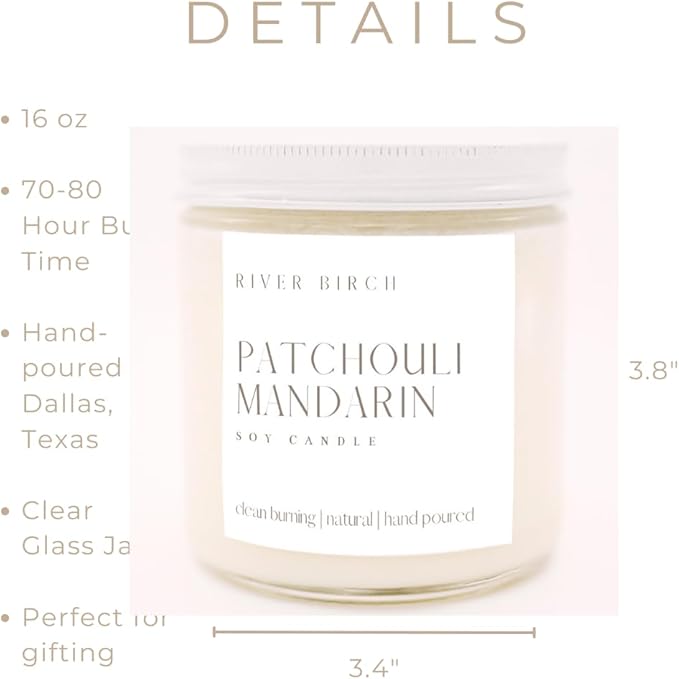 River Birch Candles Patchouli Mandarin Scented Candle | Premium, All-Natural, Non-Toxic, Soy Candles | 16oz 90 Hr Burn Time | Cozy Relaxing Gifts for Home - Bloomnest