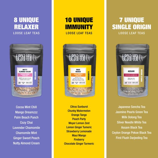 Tiesta Tea - Tiesta Tastings Sampler Dry Flight Set, Loose Leaf, High to No Caffeine, Makes Hot and Iced, Assorted Tea Sets with Herbal, Chai, Fruit Blend & More, 45 Resealable Sample Pouches - Bloomnest