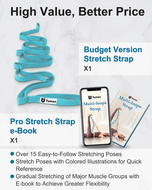 Tumaz Stretching Strap - 10 Loops & Non-Elastic Yoga Strap - The Perfect Home Workout Stretch Strap for Physical Therapy, Yoga, Pilates, Flexibility - [Extra Thick, Durable, Soft] - Bloomnest
