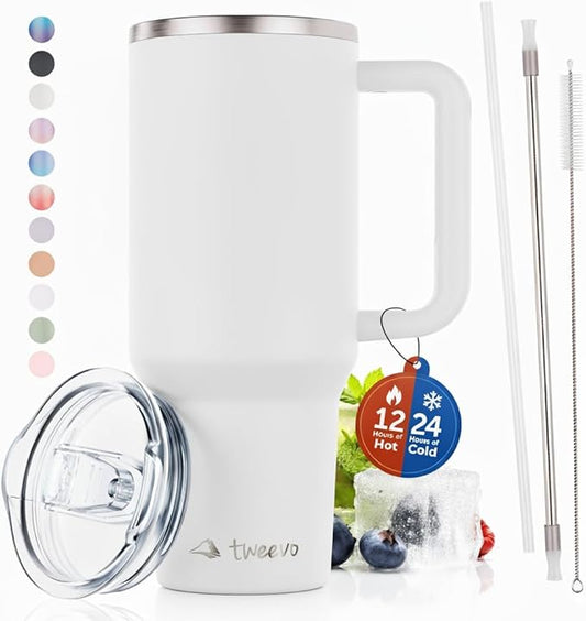 40 oz Tumbler With Handle and Straw Made of Stainless Steel - Double Wall Vacuum Insulated Tumbler With Lid - Sweat Proof Easy Grip, BPA-Free, Dishwasher Safe Tumbler (White) - Bloomnest