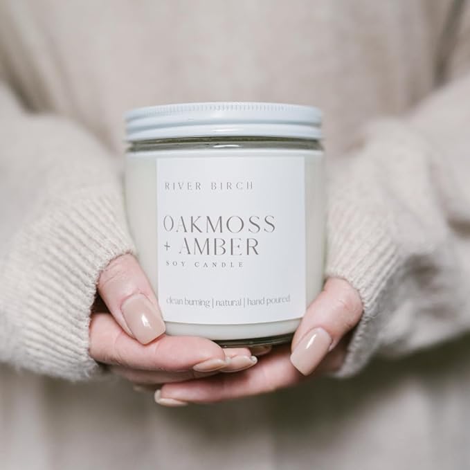 River Birch Candles Oakmoss + Amber Scented Candle | Premium, All-Natural, Non-Toxic, Soy Wax | 16oz 90 Hr Burn Time | Cozy Relaxing Gifts for Home - Bloomnest