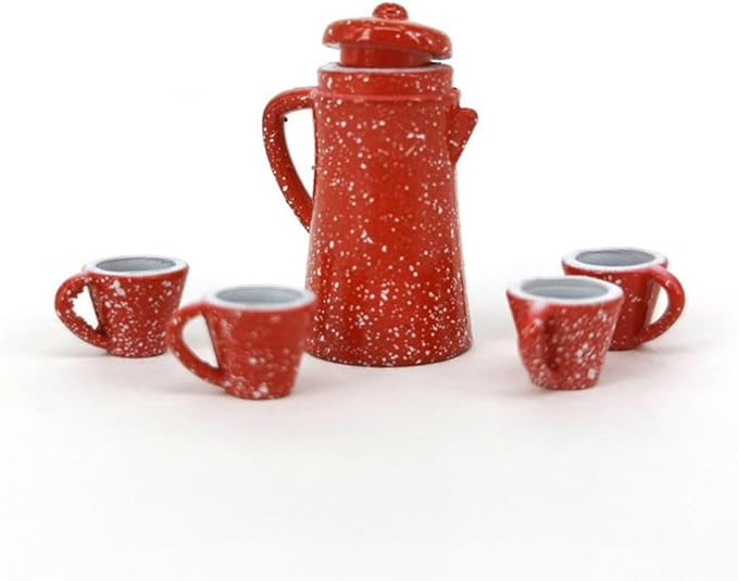 LOGOFUN 5pcs Dollhouse Miniature Tea Cup Set Tiny Tea Party Set Simulation Teapot Set (Red)