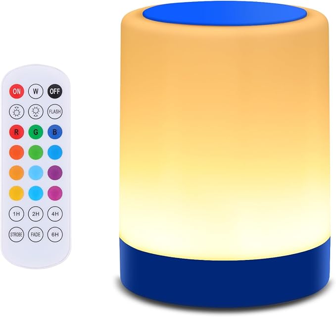OORUN Touch Bedside Table Lamp,13 RGB Colors & 5 Brightness, USB Rechargeable Desk Lamp, Remote Control Dimmable Night Light with RGB Color Changing,Portable Lamp for Baby, Bedroom, Living Room (Blue) - Bloomnest
