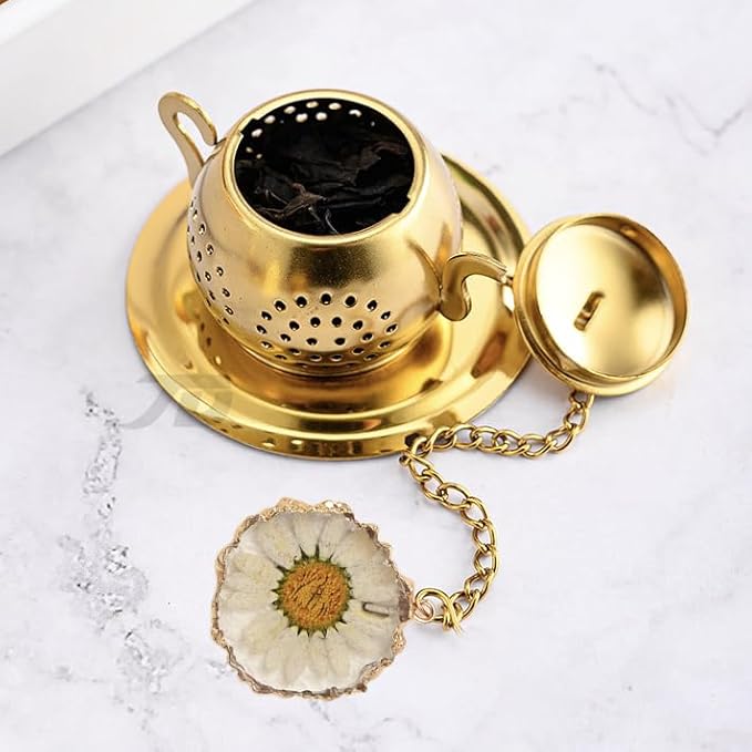 Tea Infuser with Real Daisy Flower in Resin Pendant with Gold Rim Stainless Steel Tea Infuser for loose tea leaf steeper Tea Strainer (Cup not included) (A)