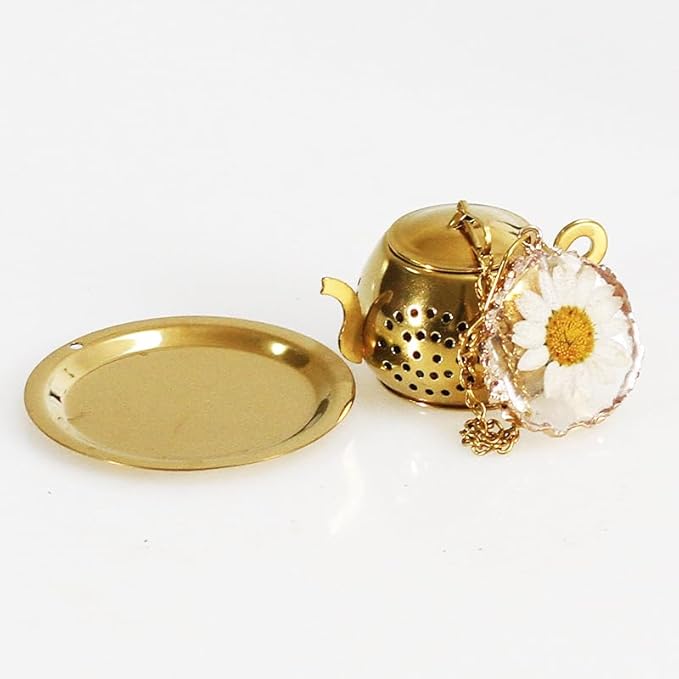 Tea Infuser with Real Daisy Flower in Resin Pendant with Gold Rim Stainless Steel Tea Infuser for loose tea leaf steeper Tea Strainer (Cup not included) (A)