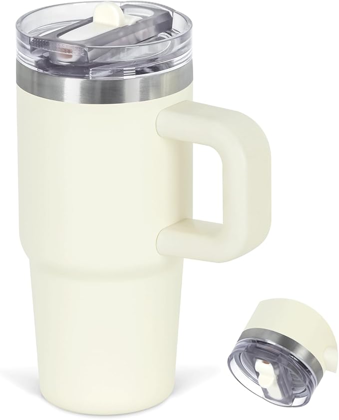 Cosictic 14 Oz Flip Straw Tumbler with Handle for Kids, Stainless Steel Double Wall Insulated Cup for Children with Flip Top Lid, 14 Oz Leak-proof Cups for Kids, Cream - Bloomnest