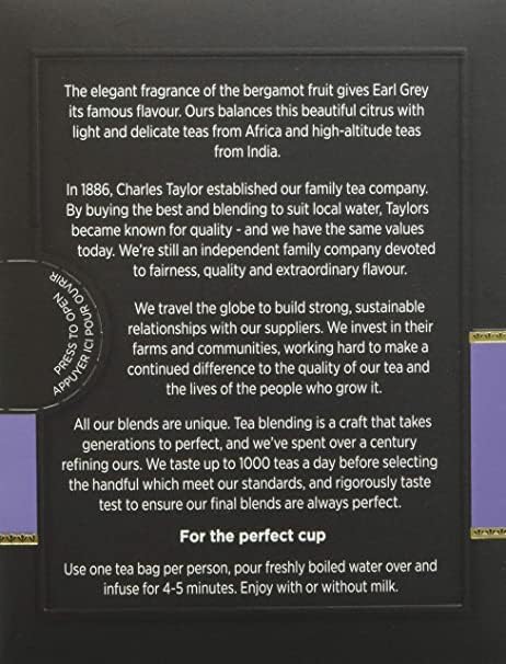 Taylors of Harrogate Earl Grey, Black Tea, Individually Wrapped Bags, 20 Count (Pack of 1), Fragrant, Delicate & Light, Caffeinated, Enjoy Hot or Iced, 20 Teabags - Bloomnest