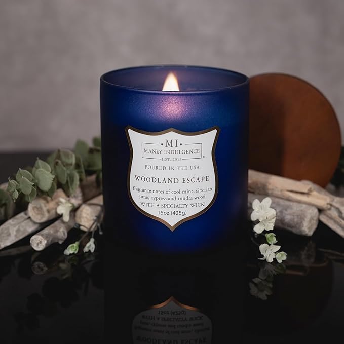 Manly Indulgence Woodland Escape Scented Candles for Men, 15 oz Wooden Wick, Premium Soy Blend Wax, 60H Burn, Candles for Home Scented - Made in The USA - Bloomnest