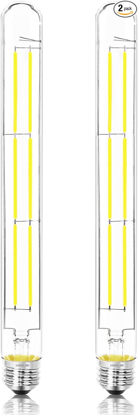 11.8IN 1000LM 5000K Daylight White Light Bulbs E26 Base, T10 T9 Edison Bulbs Dimmable 8W, AC 120V 100 Watt Equal Filament Bulb, Vintage Clear Glass Long Tubular LED Bulb, UL Listed - 2Pack - Bloomnest