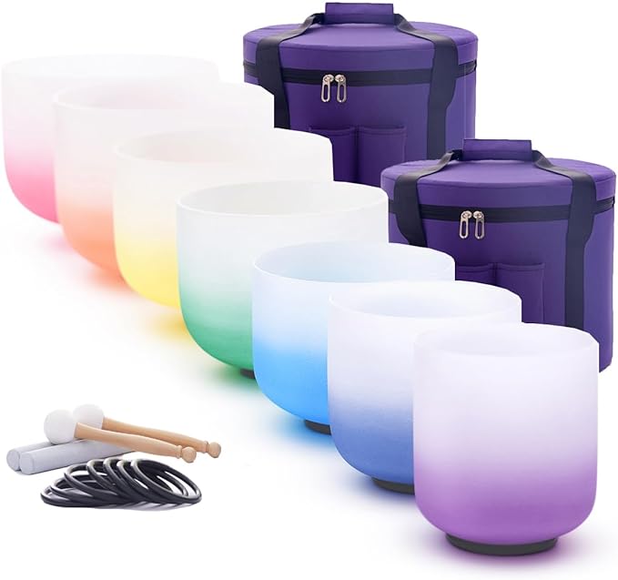 KVKA 432Hz 6-12" Set of 7 pcs Aria Colored Quartz Crystal Singing Bowl Sound Healing Tuned Bell with Carrying Case