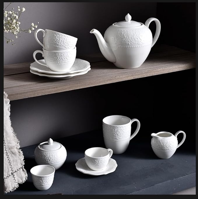 Tea Set 11 Pieces Tea Sets for Adults Ceramic Cookware Tea Cups and Saucers Teapot, Sugar Bowl, Creamer and Teaspoon（White） - Bloomnest