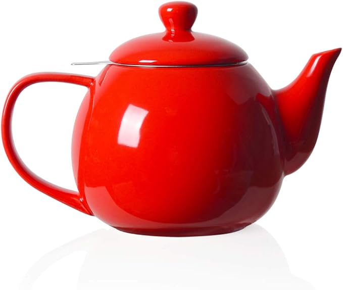 Sweejar Porcelain Teapot with Removable Stainless Steel Infuser,Microwave & Dishwasher Safe Tea Pots for Loose Tea,Tea Infuser Pots for Chrismas Women Gift (30oz Red) - Bloomnest
