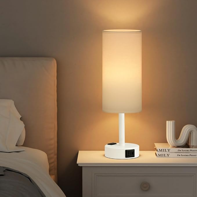 Fenmzee Matte White Bedside Table Lamp for Bedroom - 3 Way Dimmable Touch Lamp USB C Charging Ports and AC Outlet, Small Lamp Round Flaxen Fabric Shade for Living Room, Desk, LED Bulb Included - Bloomnest