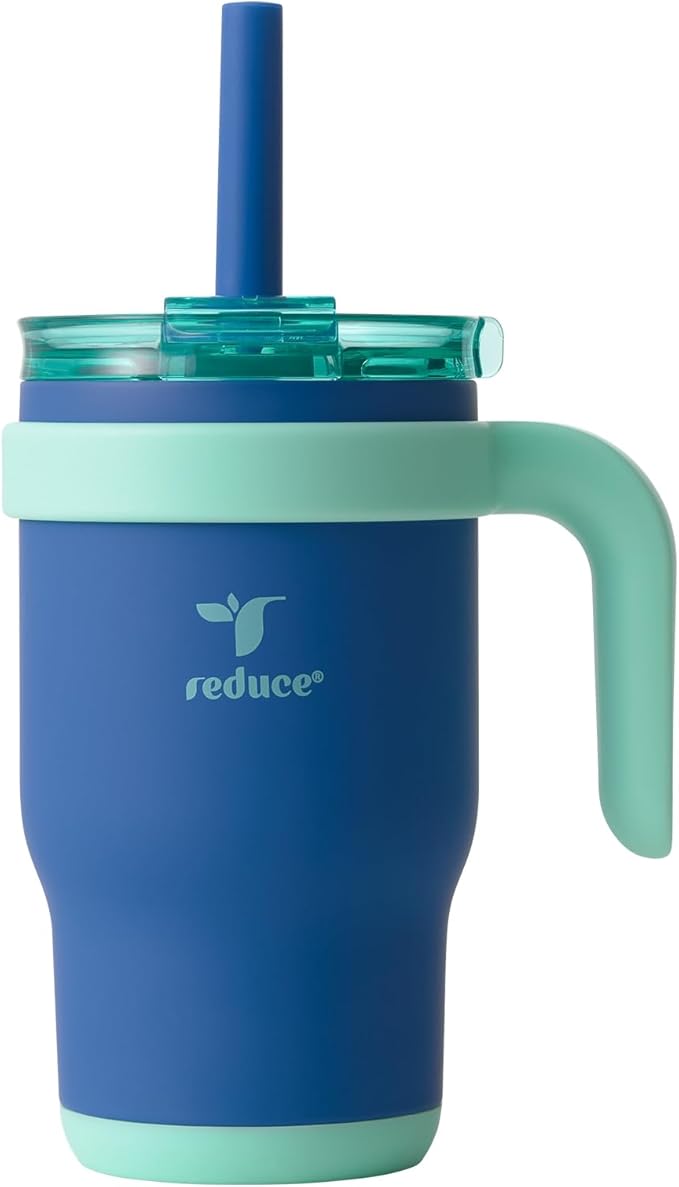 REDUCE 14 Oz Coldee Kids Tumbler with Lid and Straw - Coldee Insulated Travel Mug - Spill-Proof, Sweatproof Stainless Steel, BPA-Free - Includes Handle, Reusable Silicone Straw - Nautical Mist - Bloomnest