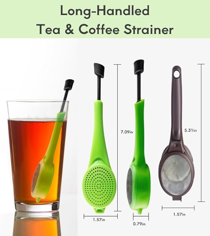 Long-Handled Tea Infuser & Coffee Filter Fine Mesh with Built-in Plunger Reusable Two Sides Strainers for Loose Tea/Coffee/Tea Bag/Herbal/Spice Portable Teaware Accessories, 2 Pack - Bloomnest