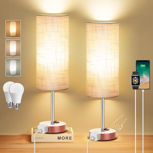 ZJOJO Table Lamp for Bedroom 2 Pack,18in Bedside Lamps with 3 Way Dimmable Rocker Switch & AC Outlet,Nightstand Desk Lamp with Gray Fabric Shade Brown Base for Living Room Home Decor Lights - Bloomnest
