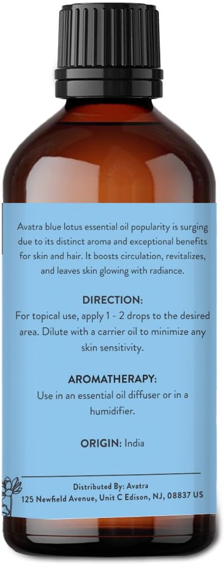 Avatra Blue Lotus Essential Oil for Diffuser, Skin & Candles | Natural & Undiluted Essential Oil | Aromatherapy, Soaps, Candles | Therapeutic Grade Essential Oil- 3.38 Fl Oz - Bloomnest