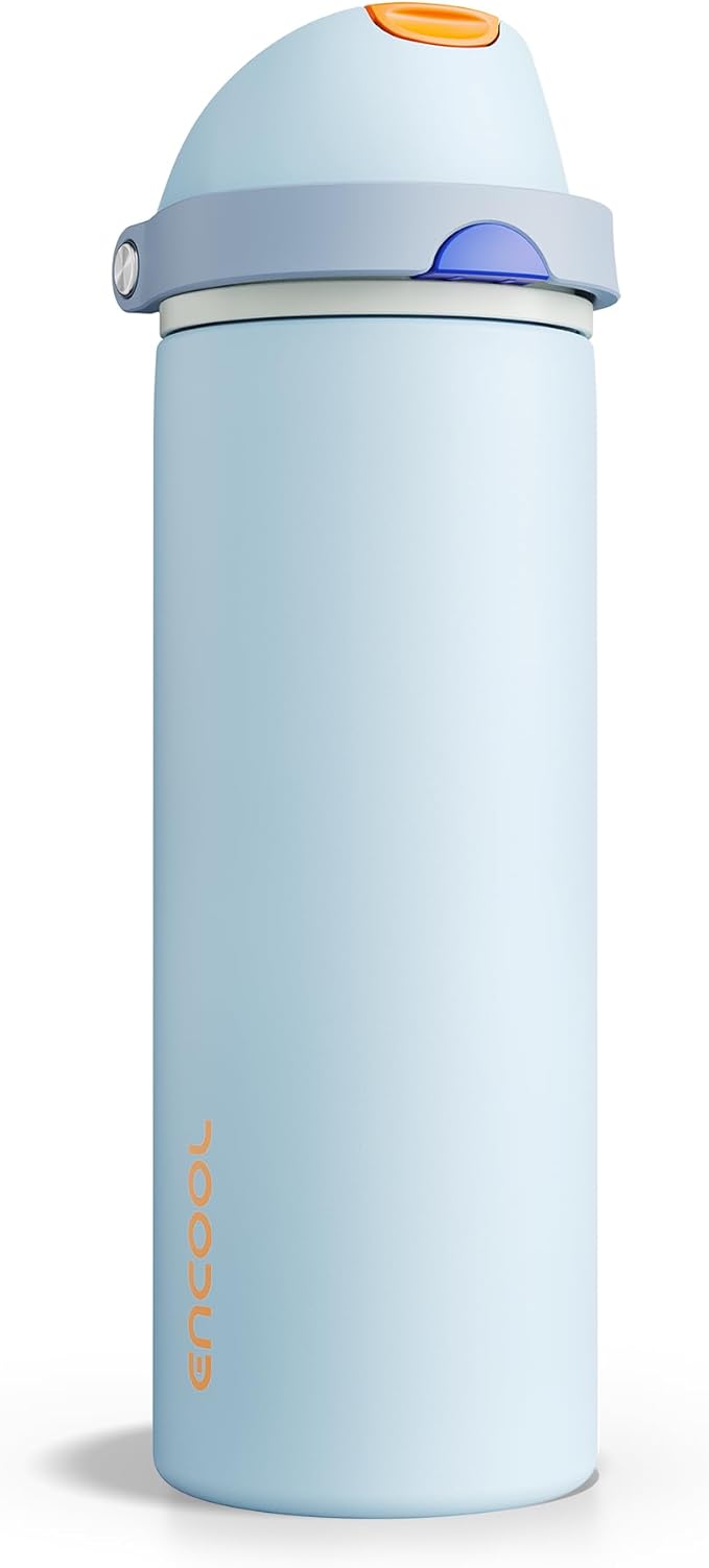Insulated Water Bottle with Straw - Encool Stainless Steel Water Bottle with Push Button Lid, Leak-Proof & BPA-Free, Keeps Cold for 24 Hours for Sports, Travel, Gym (24 oz, Hazy Blue-Blue) ENCOOL